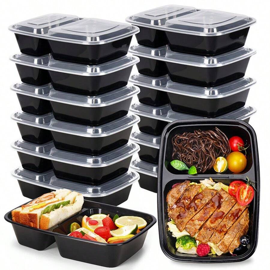 10 Packs Meal Prep Containers, 2-Compartment Food Storage Containers With Lids, Plastic Portable Stackable Boxes Microwave, Freezer, Dishwasher Safe, Kitchen Supplies