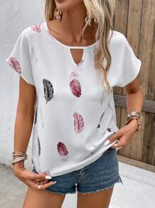 LUNE Feather Print Keyhole Neckline Batwing Sleeve Blouse Summer White Shirt