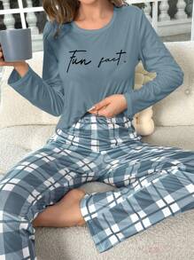 Letter Print Long Sleeve Plaid Pants Pajama Set