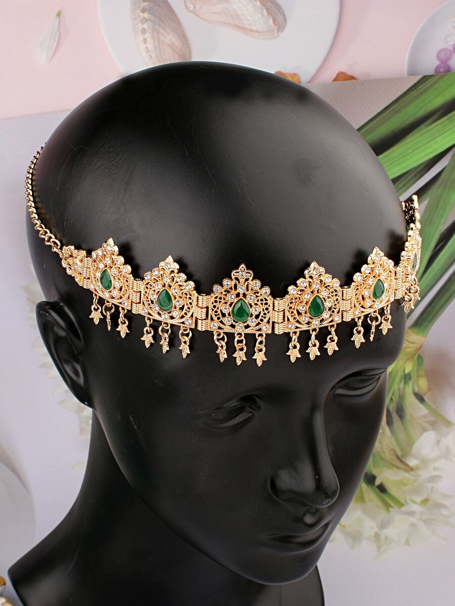 1pc Gold Plated Tassel Head Chain With Arabesque Pattern Crystal & Rhinestone Bridal Headband