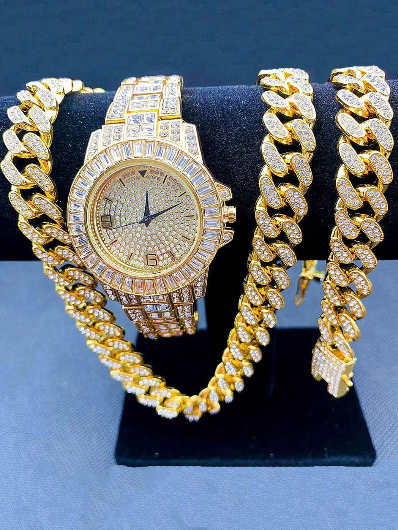 3pcs European And American Style Hip-Hop Bling 12mm Diamante Bracelet Necklace Quartz Men's Watch Set