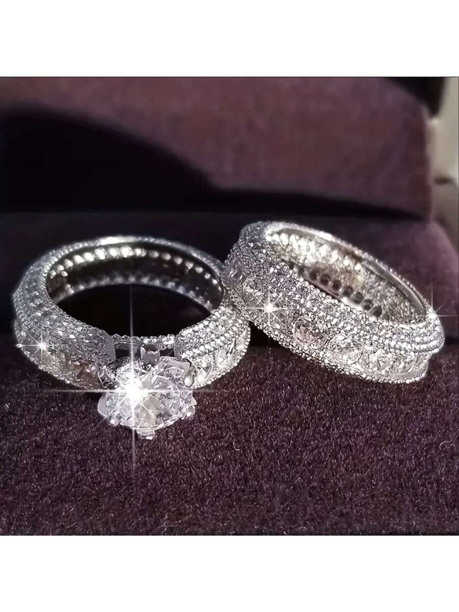 2pcs/set Glittering Zirconia Couple Rings, Perfect For Wedding, Birthday And Valentine's Day Gifts