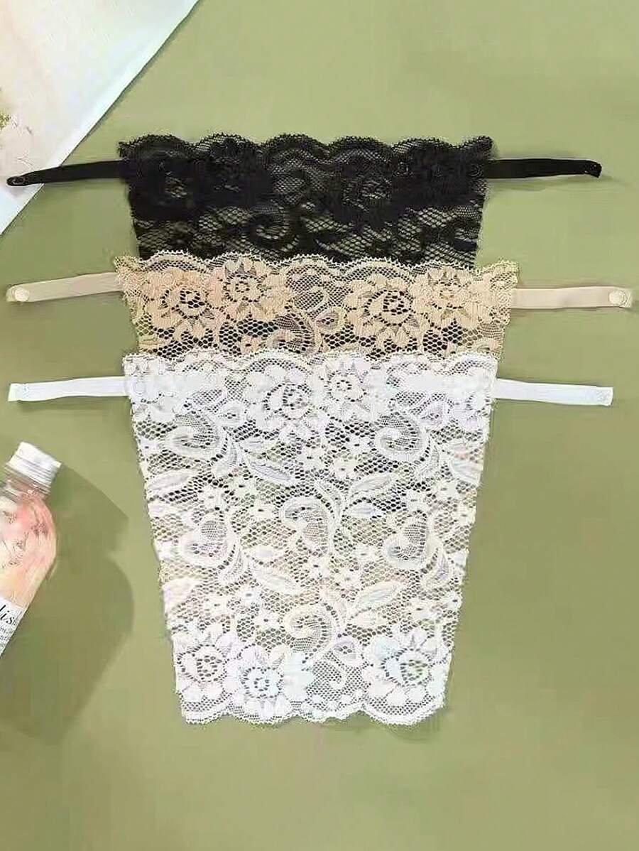 3pcs/set Black & White & Nude Lace Detachable Bra Bandeau With Removable Straps For Anti-slip, Suitable For Daily Wearing