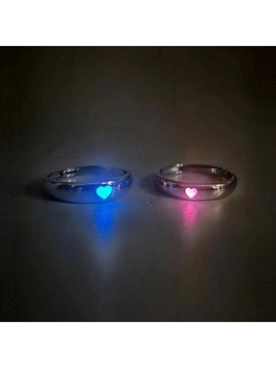 2pcs/Set Adjustable Luminous Heart Shaped Ring Set, Great As Gift For Boyfriend, Girlfriend, Best Friends, Family Members