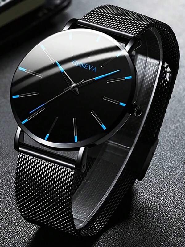 1pc Men's Geneva Fashionable Casual Simple Business Mesh Strap Quartz Watch, Suitable For Daily Decoration