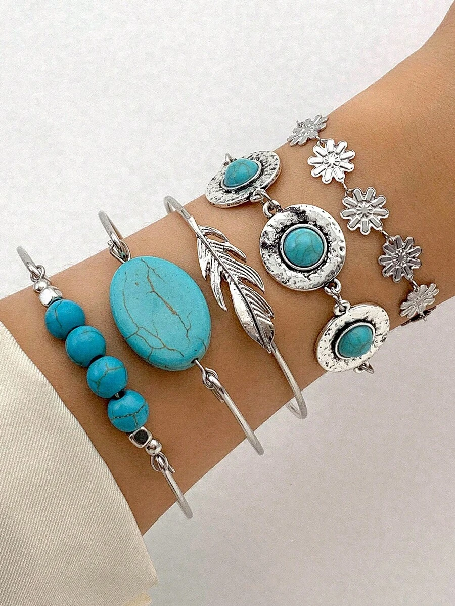 5pcs Turquoise & Rice Bead Bracelets Set For Women, Casual Dating Gift (turquoise Veins Vary)