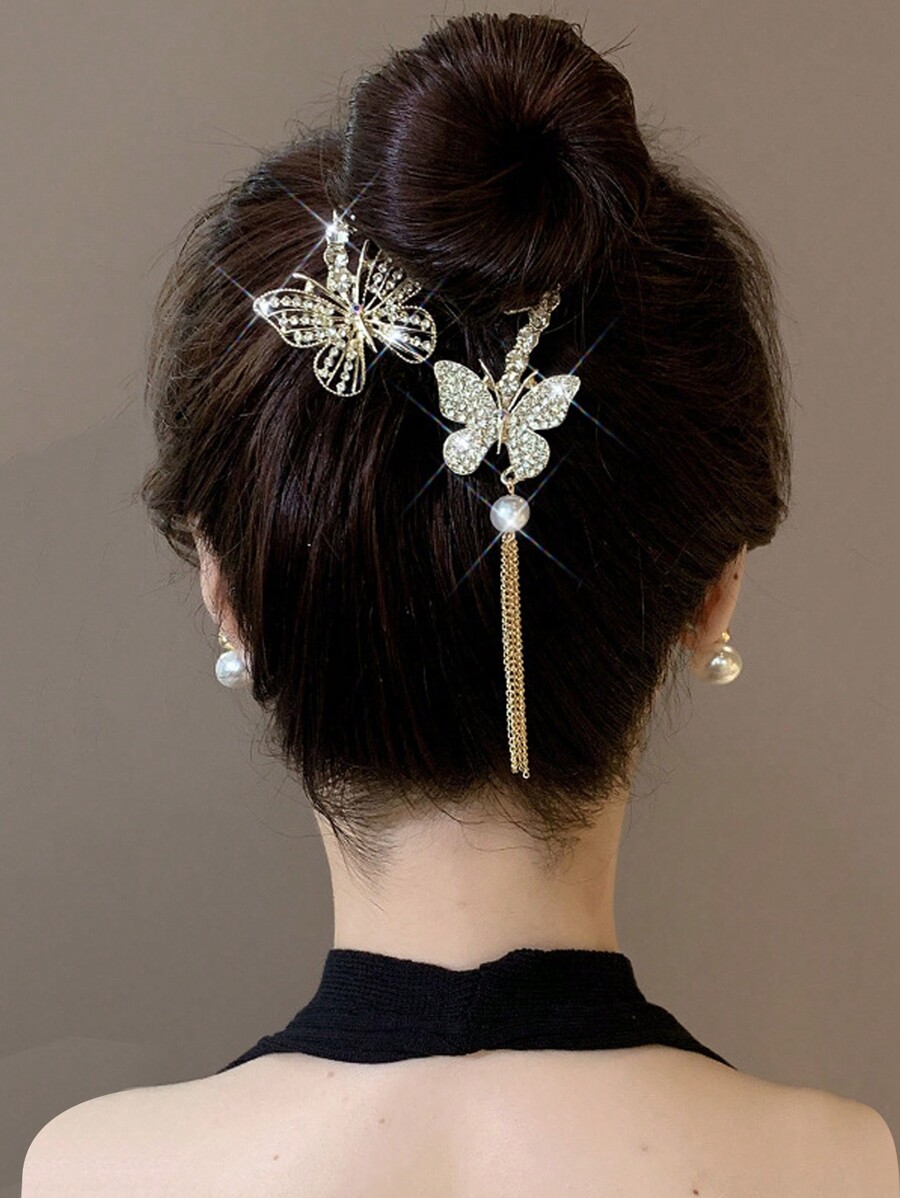 1pc Women's Elegant Hair Clip With Rhinestone, Pearl, Fringe & Flower Design, Suitable For Daily Hairstyling