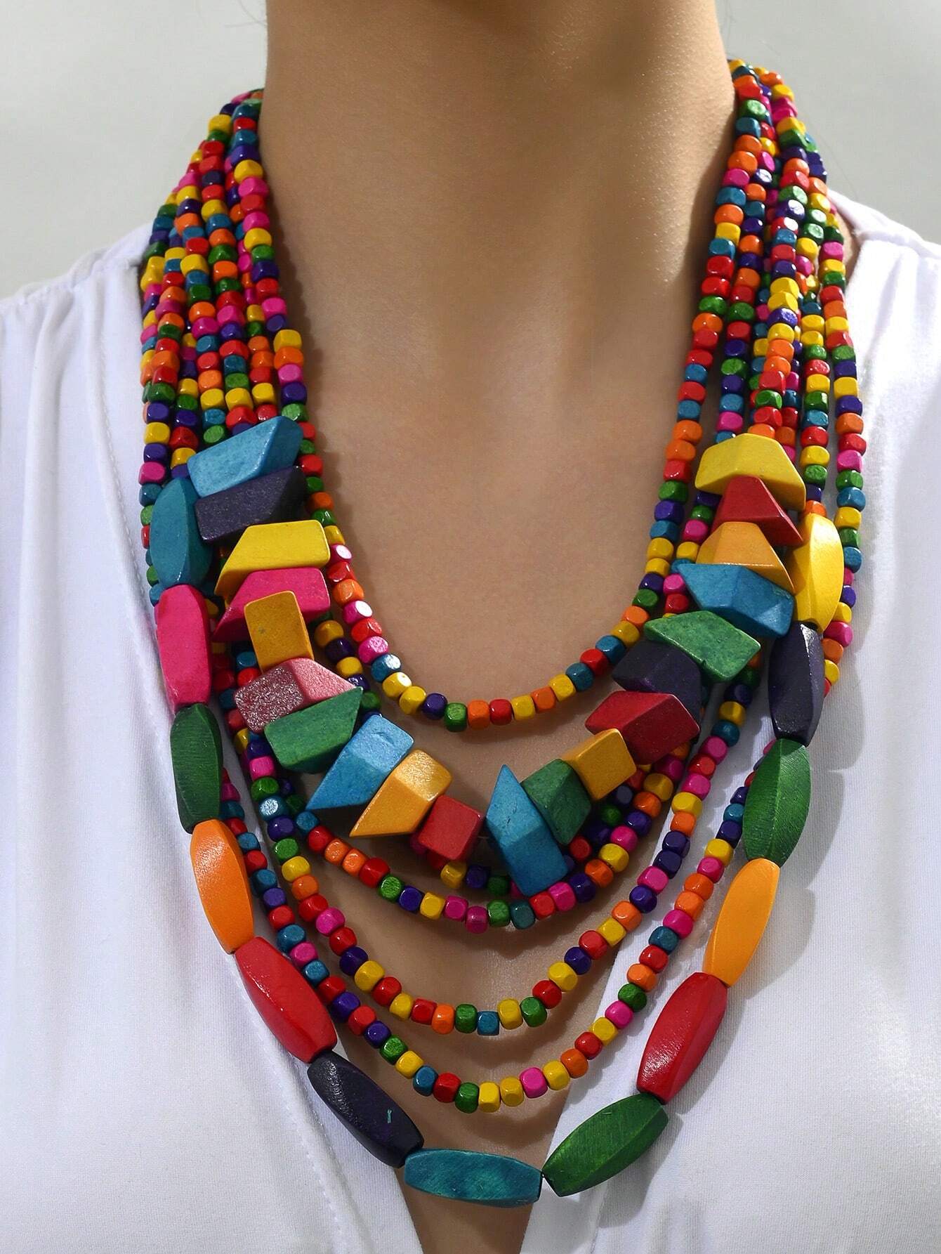 1pc Vintage Bohemian Style Colorful Wood Layered Necklaces Elegant Casual Jewelry For Women&Teen Girls