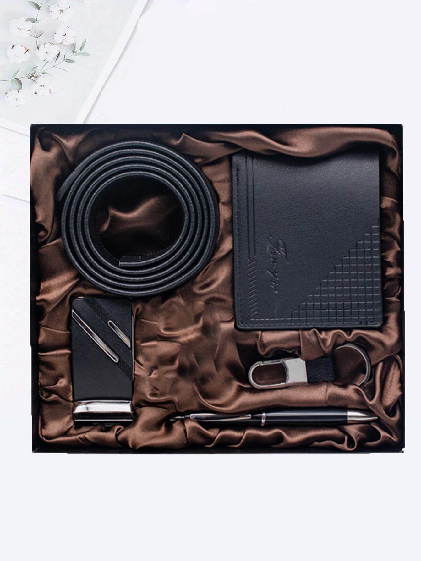 1set Men's Belt, Wallet, Keychain, Pen 4pcs Gift Box Set