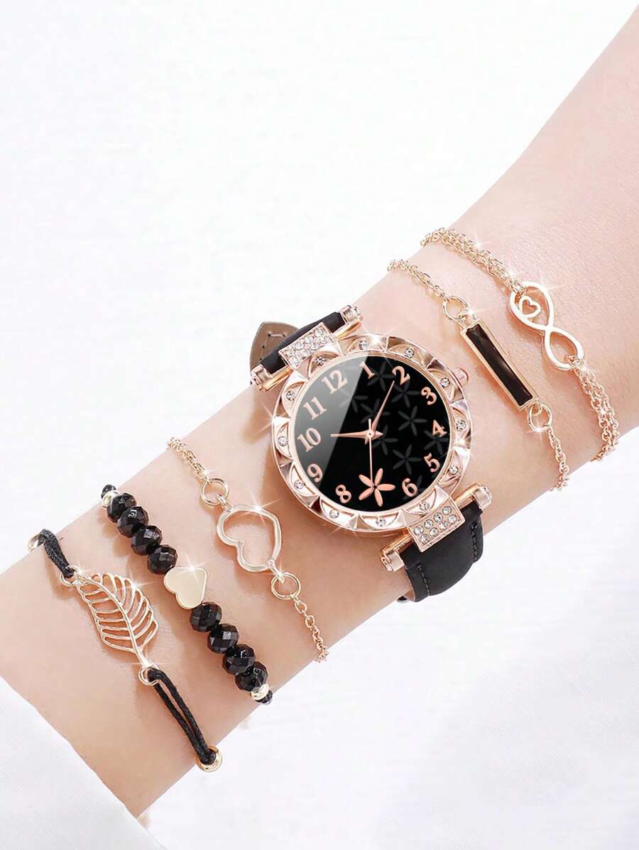 Women's Fashion Pu Leather Strap Quartz Wristwatch & Bracelet Set With Rhinestone Petal Design Dial (6pcs/set)