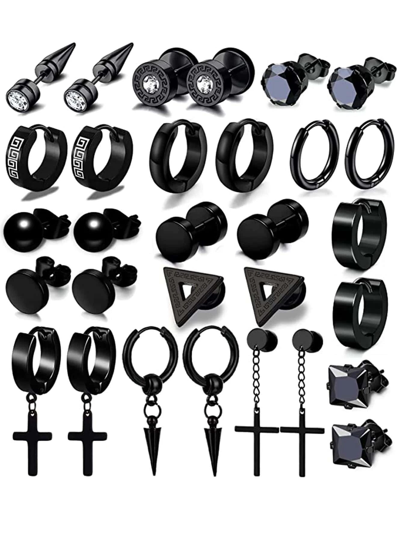 15Pairs/Set Hip Hop Stainless Steel Cross & Cone Decor Earrings For Men Women For Daily Decoration Jewelry Gift
