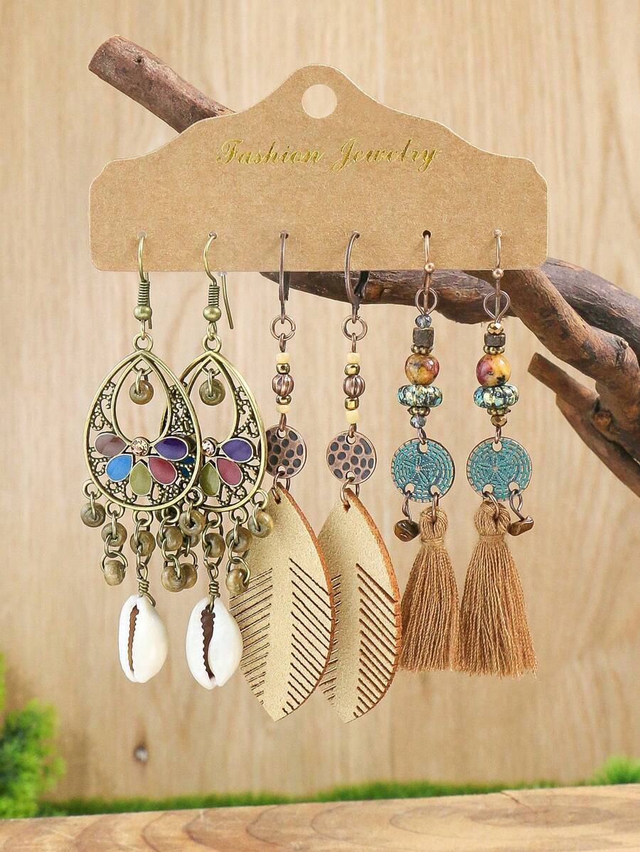 12pairs/set Vintage Geometric Round Shaped Earrings Set For Women With Tassel, Shell & Big Ring Design, Bohemian Drop Oil Ear Jewelry For Travel, Party, Daily, Work Wear