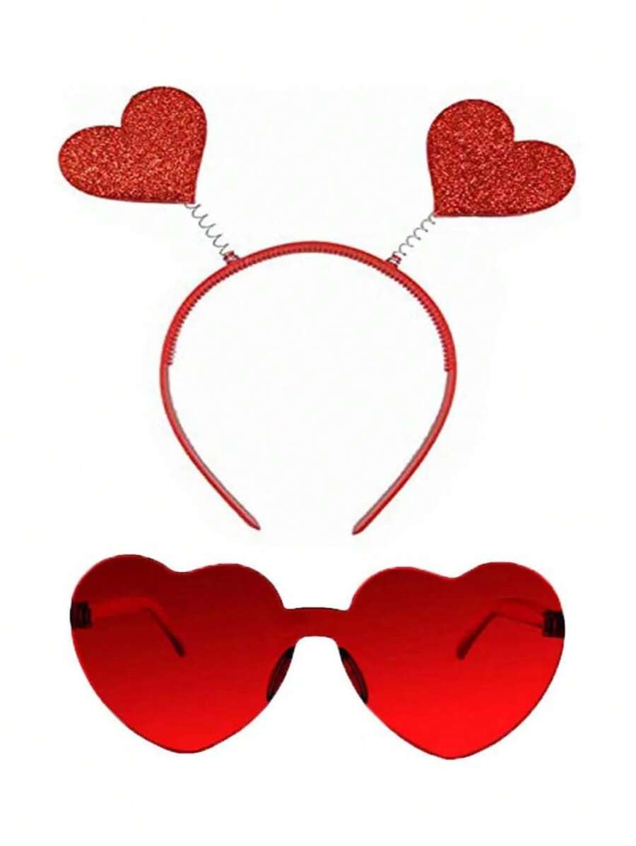 2pcs Valentine'S Day Party Heart Shaped Glitter Hair Hoop And Glasses Photo Props