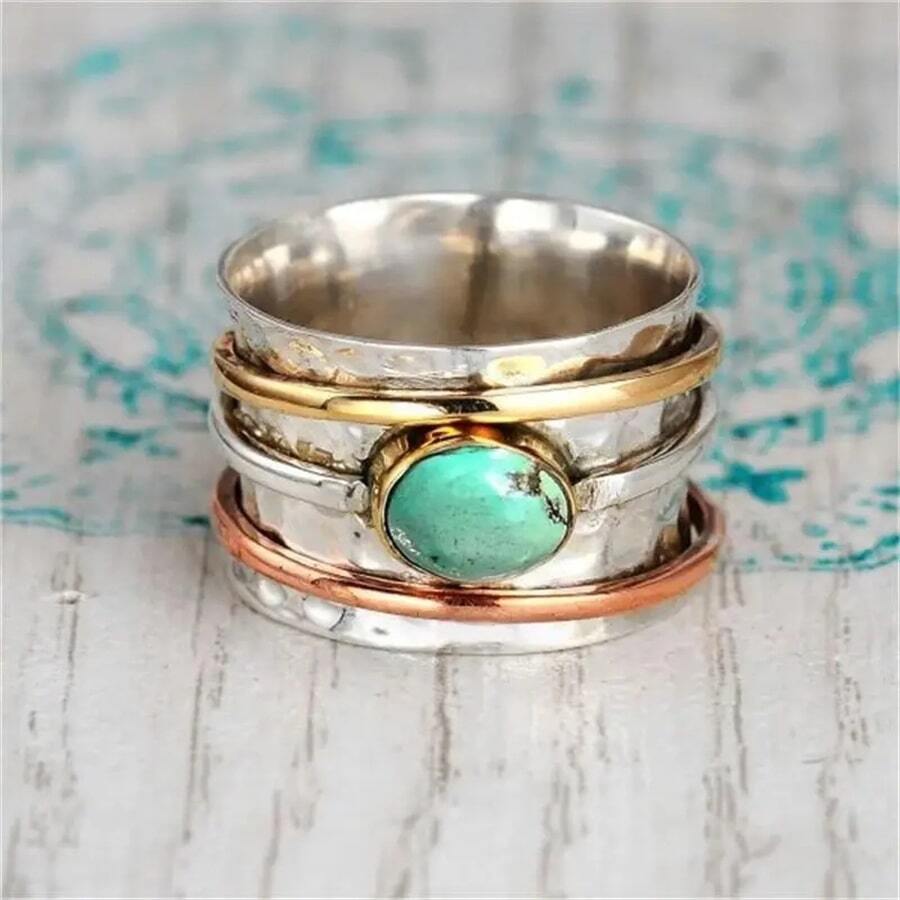 Bohemian Style Ring Inlaid With Turquoise Stone, Vintage Style Ring For Women