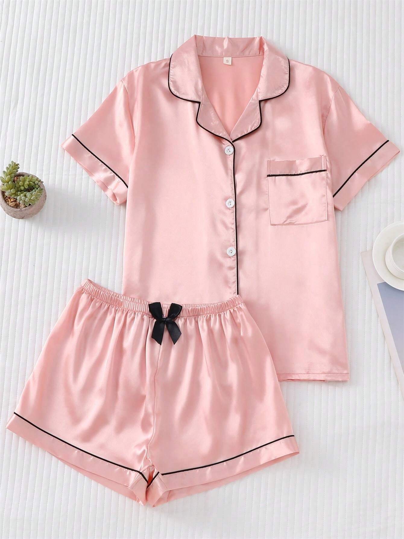 2pcs/set Satin Pajama Set For Women, Short Sleeved Turn-down Collar Top And Bowknot Shorts, Home Clothing