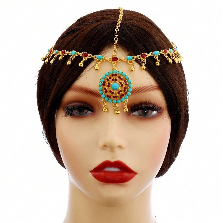 1pc Bohemian Alloy Rhinestone Inlaid Head Chain With Tassel Pendant & Coin Charm, Party Headwear Jewelry Hairband For Women