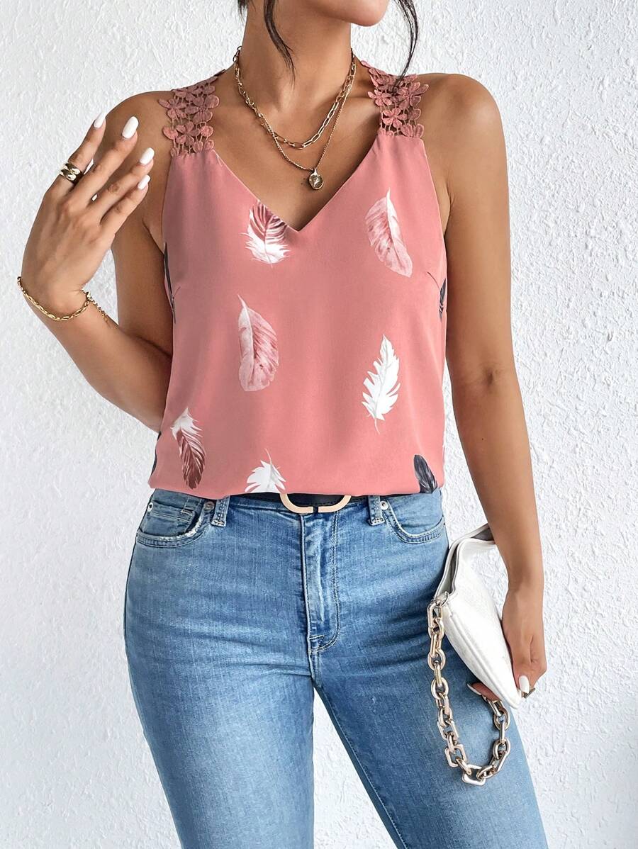 Frenchy Feather Print Halter Graphic Lace Trimmed Lace Top