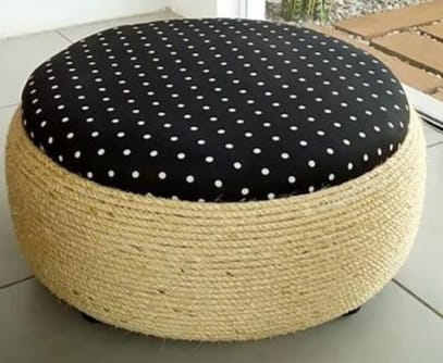 Tyre Ottoman with Hessian rope, material cushion and storage space