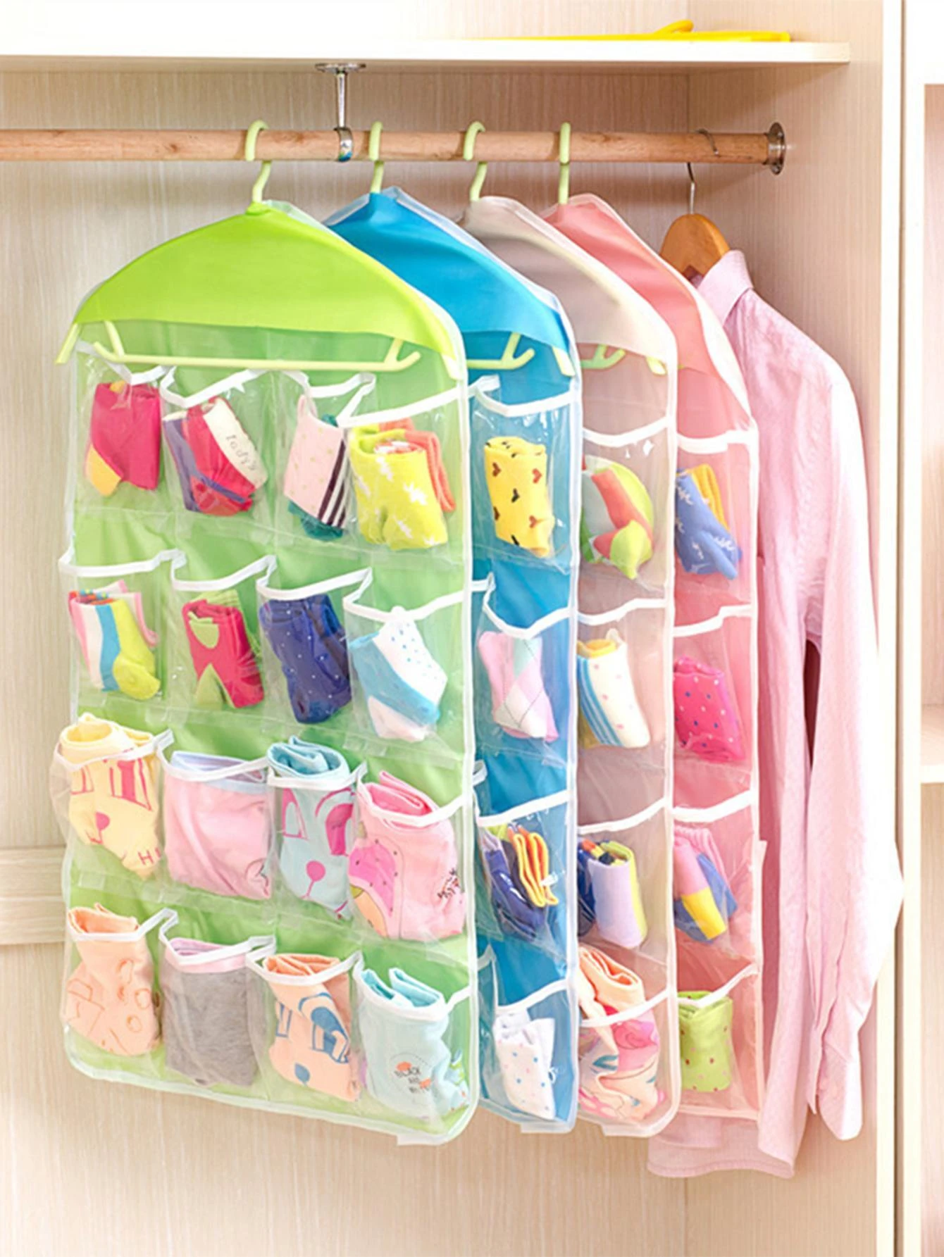 1pc Hanging Storage Bag, Multi Grid Pink Polyester Socks Storage Bag For Household
