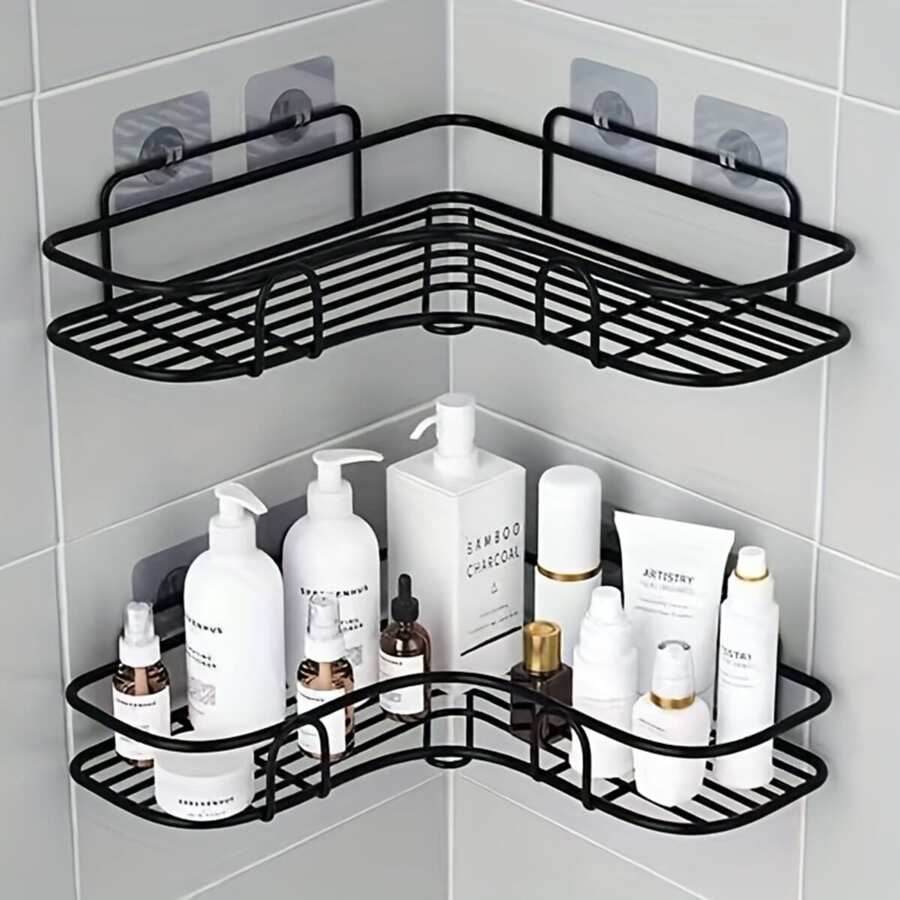 1pc Black Wall-mounted Triangular Bathroom Shelf Without Drilling For Toilet Storage