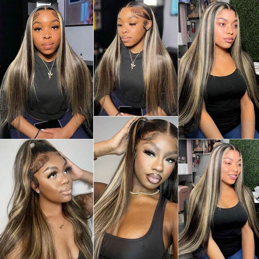 SUPERLOOK Real Bleached Knots Highlight Lace Front Wigs Human Hair 220% Density Balayage Glueless Wigs Human Hair 28 Inch 13x4 Ombre Straight Lace Front Wig Pre Plucked Human Hair Wigs For Women FB2